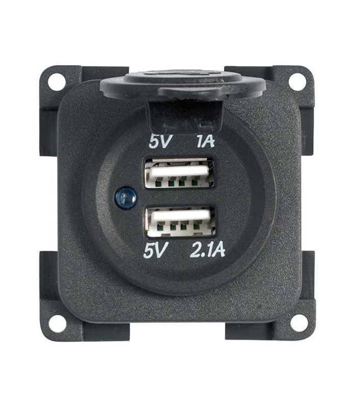 Toma USB doble 1A/2.1A 5V con tapa de fijación a panel negra de 4 orificios