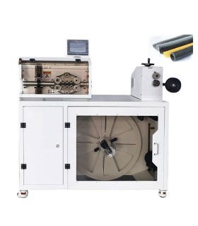Máquina para corte automático de tubo corrugado con fuente de alimentación y base de soporte.