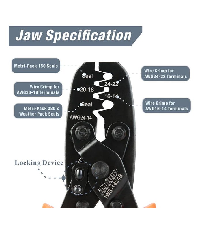 Crimping tool for non-insulated terminals (Weather Pack, Metri-Pack, Delphi, AMP/Tyco and Deutsch)