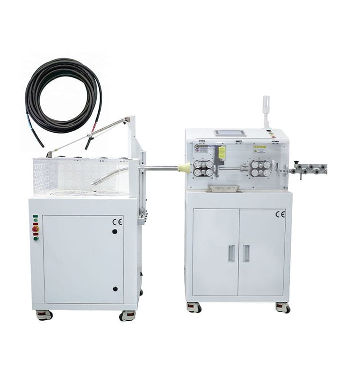 Automatic machine with rotating blade cuts and strips single-core cables up to 3 layers with winder