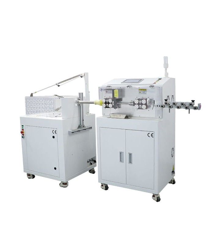 Automatic machine with rotating blade cuts and strips single-core cables up to 3 layers with winder
