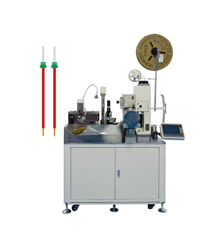 Machine cuts, strips, crimps and inserts rubber on one side and strips and seals on the other side