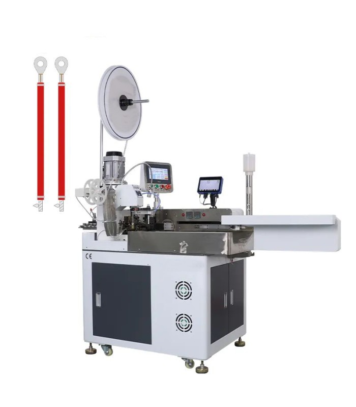 Machine cuts, strips and crimps on one side and strips and seals on the other side