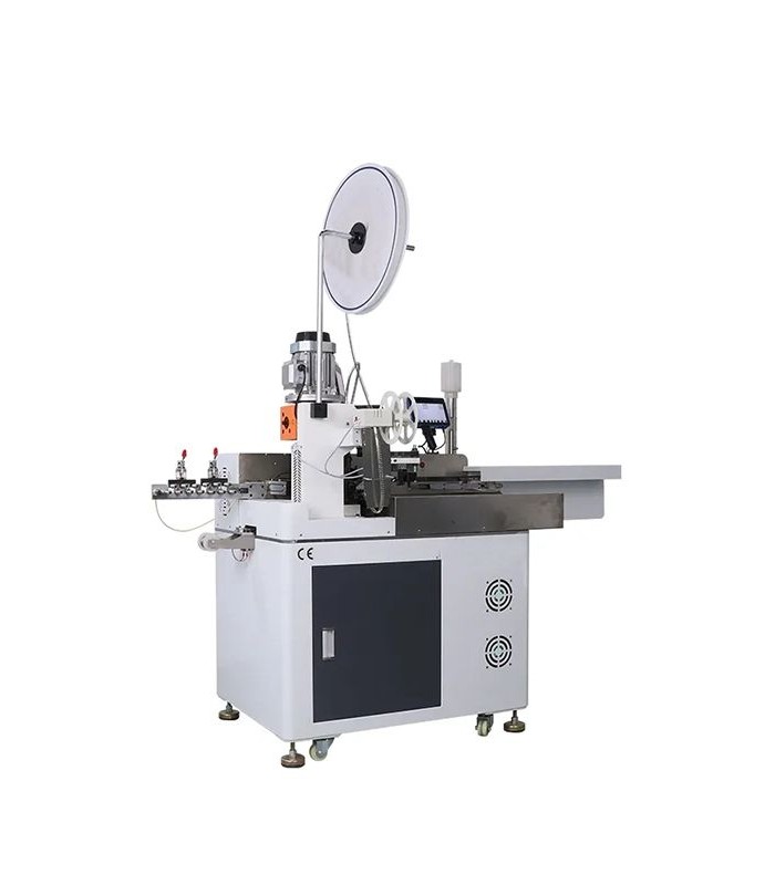 Machine cuts, strips and crimps on one side and strips and seals on the other side