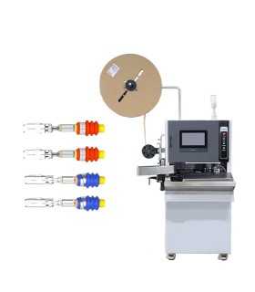 Semi-automatic machine for cutting, stripping, crimping and inserting connectors on cables