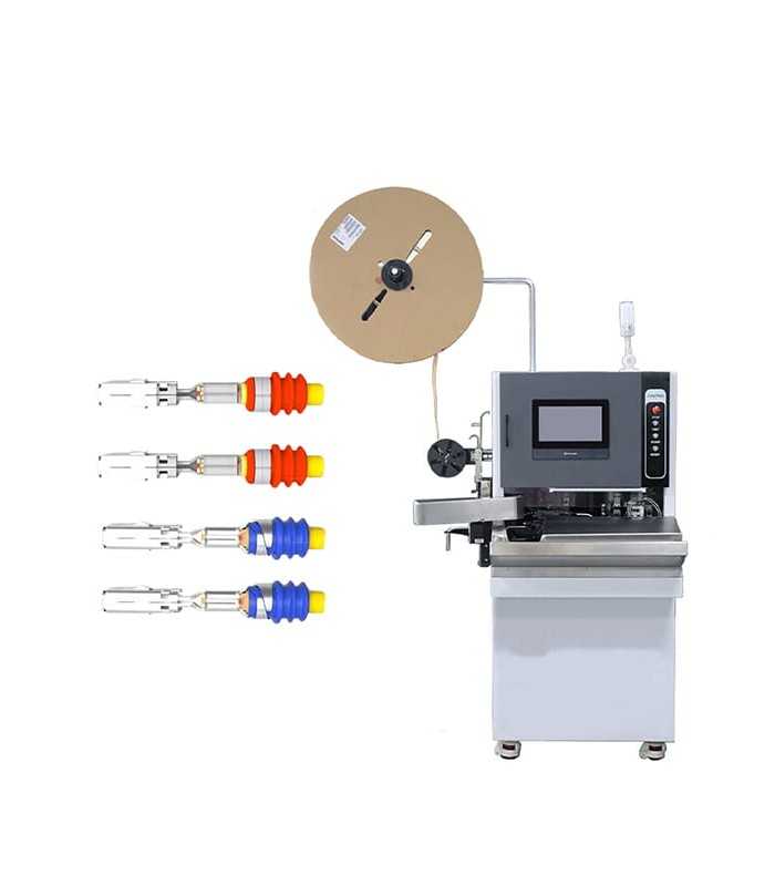 Semi-automatic machine for cutting, stripping, crimping and inserting connectors on cables