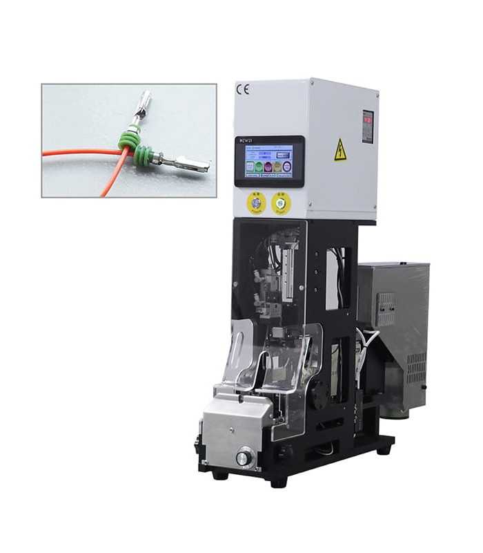 Automatic machine for crimping rubber on cable
