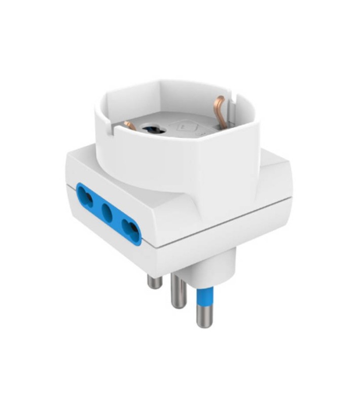 Adaptateur triple avec 1 prise Schuko + 10/16A 2P+T et 2 prises latérales bipasso 10/16A 2P+T blanc