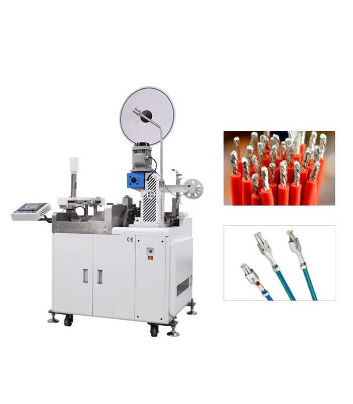 Automatische Maschine zum Schneiden, Crimpen, Verdrillen und Verzinnen von Kabeln